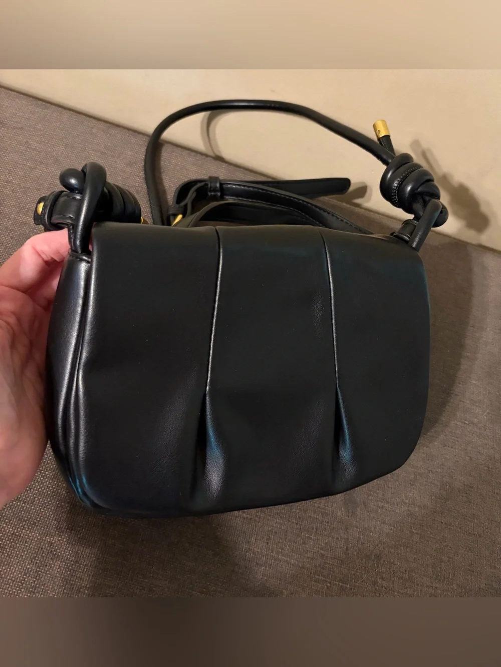 Rachel Zoe Black Leather Shoulder Bag with Knotted Strap & Gold Accents